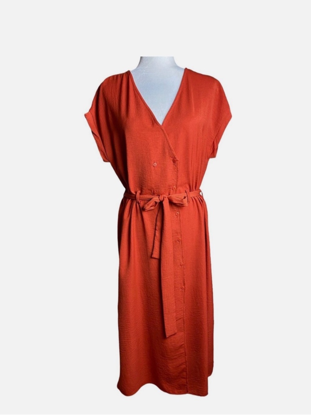 Le Lis Rust Orange V-Neck Belted Midi Dress